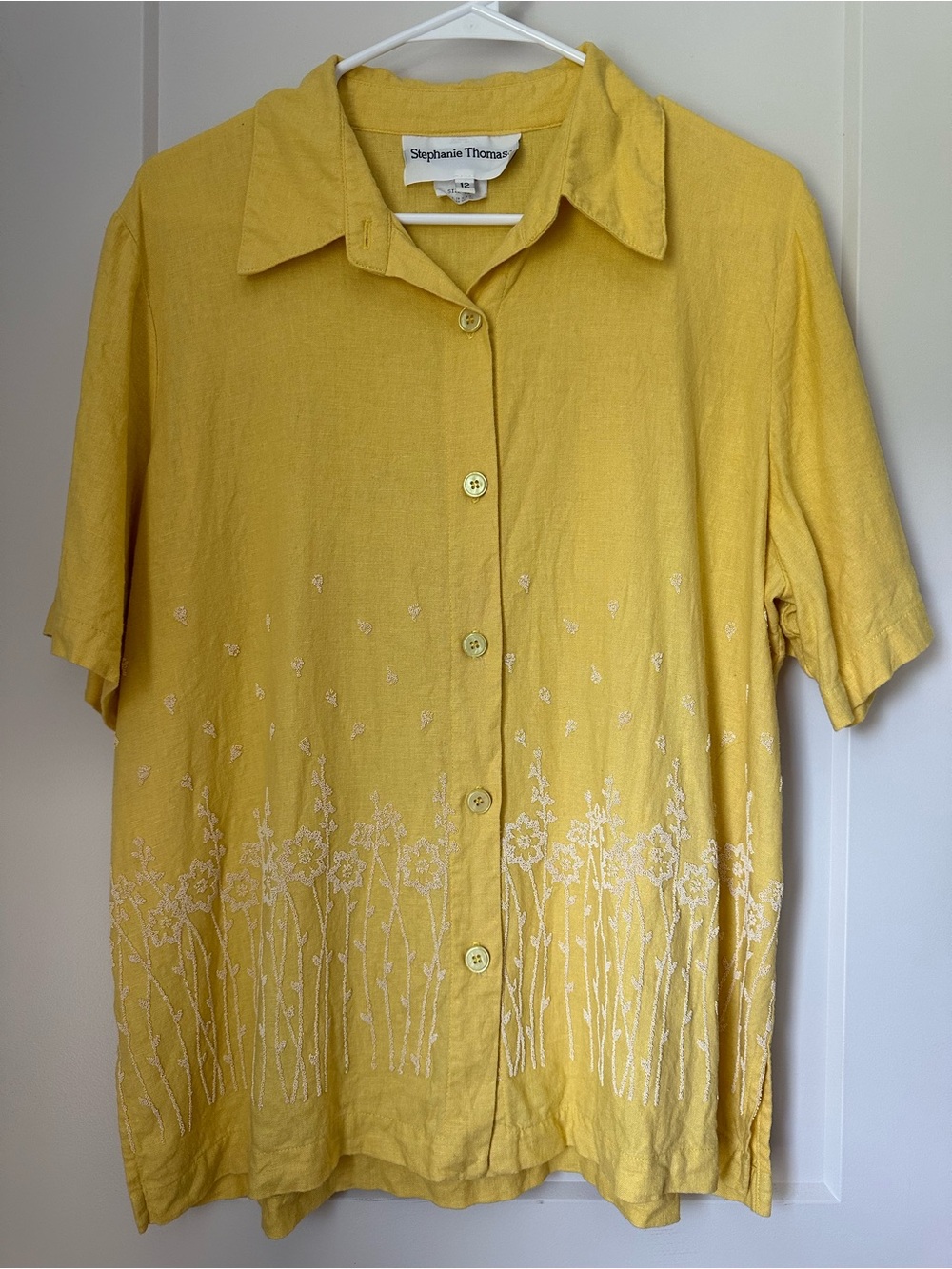Vintage Yellow Linen Blend Embroidered Button Up Blouse Floral Cottagecore Top